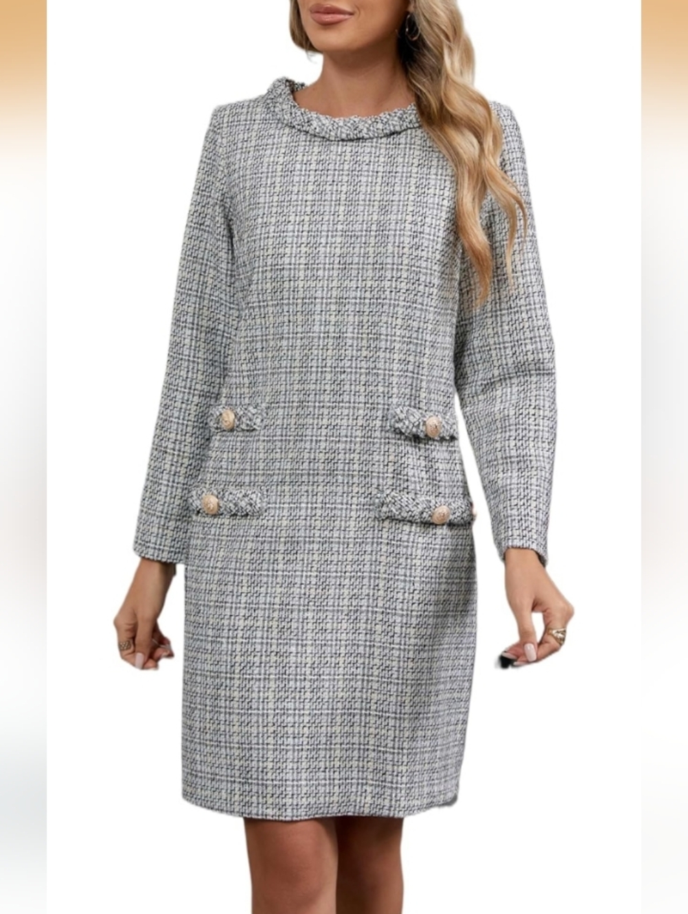 New Collection Black & White Long Sleeve Tweed Mini Dress Size Medium NWT